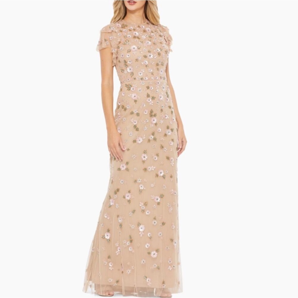 Elegant Floral Embellished Dress in Tan
